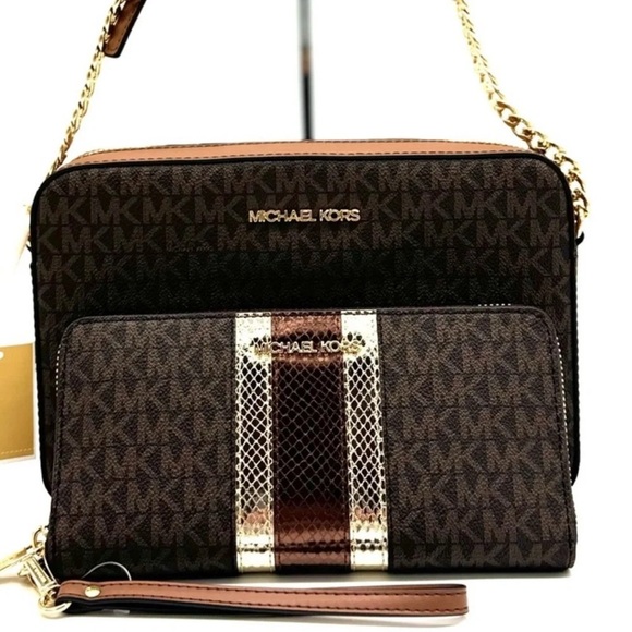 Michael Kors Large EW Zip Chain Xbody Crossbody Bag & Continental Wallet Brown - Picture 3 of 13